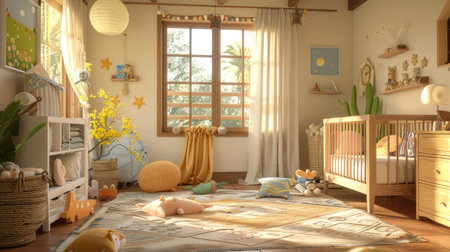 Inviting nursery with a comfortable crib, soft rugs, and playful decorations, offering a serene and cheerful environment for a babyの素材