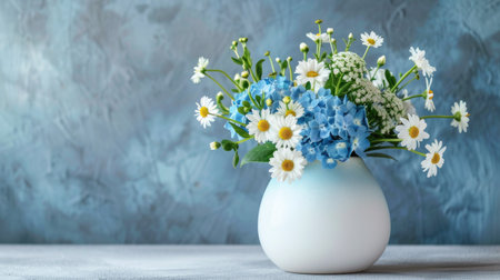 Modern ceramic vase with a smooth, glossy finish, holding a fresh mix of blue hydrangeas and white daisiesの素材