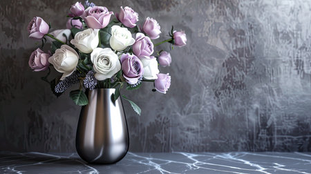 Modern metal vase with a sleek finish, displaying a refined arrangement of lavender and white rosesの素材
