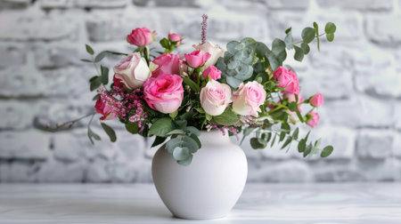 Modern ceramic vase with a matte surface, featuring a vibrant mix of pink roses and delicate greeneryの素材