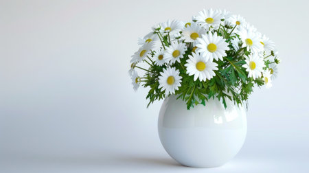 Modern ceramic vase with a smooth, glossy finish, featuring a fresh mix of white daisies and green foliageの素材