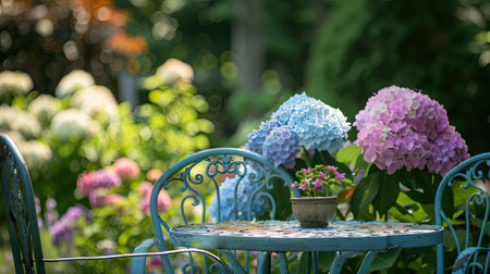 Pastel hydrangeas in a charming garden arrangement with a focus on their vibrant, soft colorsの素材