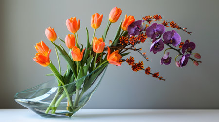 Modern glass vase with a unique shape, filled with a vibrant mix of orange tulips and purple orchidsの素材