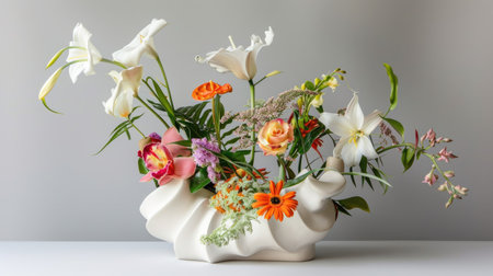 Modern ceramic vase with a unique shape, displaying a colorful mix of mixed blooms and greeneryの素材
