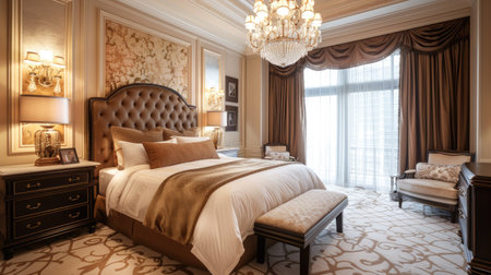 Luxurious master bedroom with a king-size bed, plush bedding, and an elegant chandelier, exuding comfort and sophisticationの素材