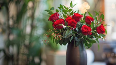 Modern metal vase with a unique shape, showcasing a vibrant bouquet of red roses and soft greeneryの素材
