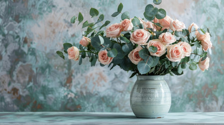 Modern ceramic vase with a glossy finish, displaying a sophisticated bouquet of soft pink roses and eucalyptusの素材