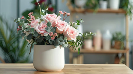 Modern ceramic vase with a matte surface, featuring a vibrant mix of pink roses and delicate greeneryの素材