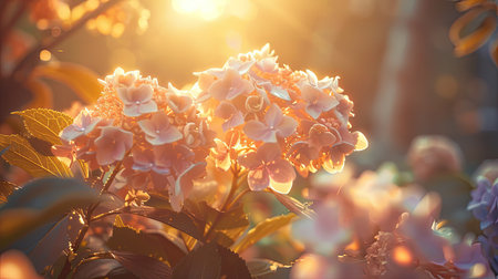 Pastel hydrangea blooms in a garden setting with a gentle, golden-hour glow, creating a warm ambianceの素材