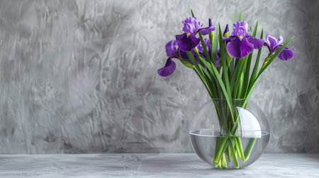 Modern glass vase with a sleek silhouette, holding a fresh mix of purple irises and green leavesの素材
