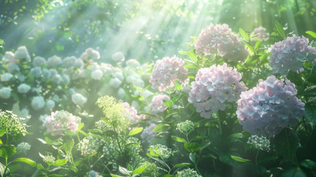 Pastel hydrangea flowers in a sunlit garden, with a gentle breeze creating a dreamy atmosphereの素材