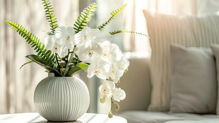 Modern ceramic vase with a smooth, glossy finish, showcasing an elegant arrangement of white orchids and delicate fernsの素材