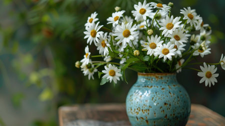 Modern ceramic vase with a smooth, glossy finish, featuring a fresh mix of white daisies and green foliageの素材