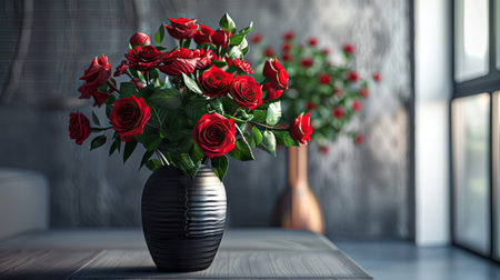 Modern metal vase with a unique shape, showcasing a vibrant bouquet of red roses and soft greeneryの素材