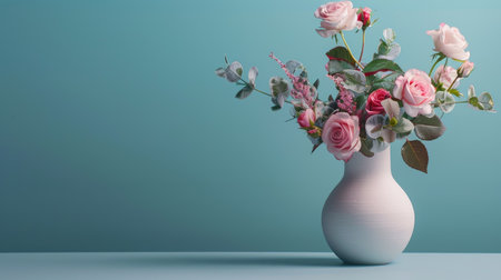 Modern ceramic vase with a matte surface, featuring a vibrant mix of pink roses and delicate greeneryの素材