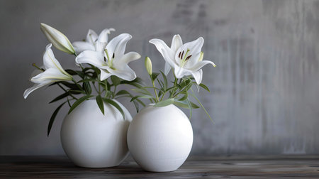 Modern ceramic vase with a matte finish, showcasing a refined arrangement of white lilies and delicate greeneryの素材