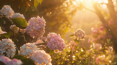 Pastel hydrangea blooms in a garden setting with a gentle, golden-hour glow, creating a warm ambianceの素材