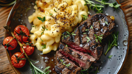 Plated steak with a side of truffle mac and cheeseの素材