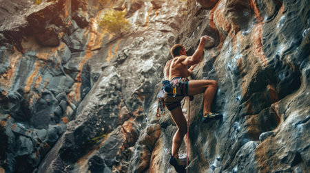 Rock climber scaling a challenging cliff face with determinationの素材