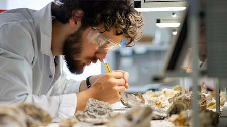 Researcher examining fossil samples in a labの素材