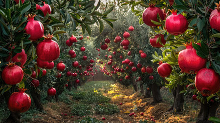 Pomegranate trees full of ripe pomegranates in an orchardの素材