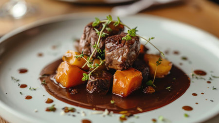 Plated venison stew with root vegetables in a rich sauceの素材