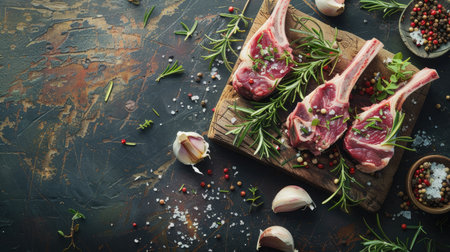 Raw lamb chops seasoned with rosemary and garlic on a rustic tableの素材