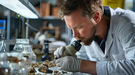 Researcher examining fossil samples in a labの素材