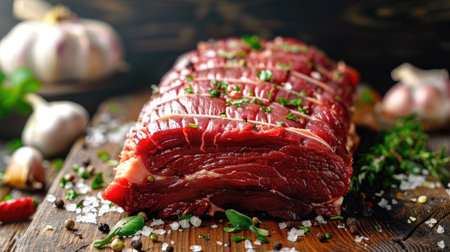 Raw beef brisket on a butcher's block with garlic and herbsの素材