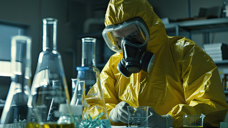 Researcher in a hazmat suit examining chemical samplesの素材