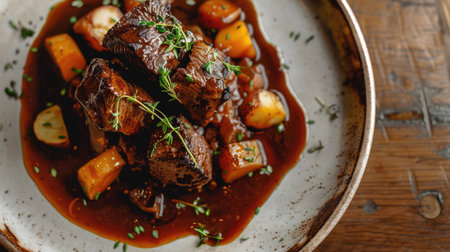 Plated venison stew with root vegetables in a rich sauceの素材