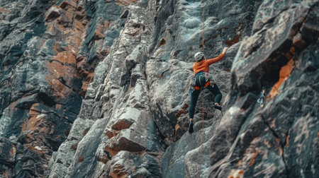 Rock climber scaling a challenging cliff face with determinationの素材