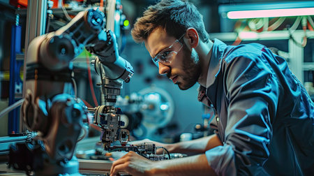 Robotics engineer working on a robot arm prototype in a labの素材