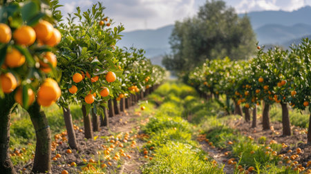 Rows of citrus trees in an orchard with ripe fruits ready for harvestの素材