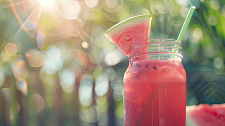 Refreshing watermelon juice in a mason jar with a slice of watermelon and a strawの素材