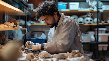 Researcher examining fossil samples in a labの素材