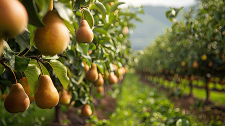 Rows of pear trees in an orchard with ripe fruits hangingの素材