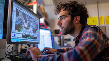 Researcher analyzing climate data on a computerの素材