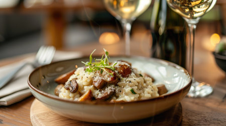 Rich and creamy risotto with wild mushrooms and parmesan cheese, served with a glass of white wineの素材