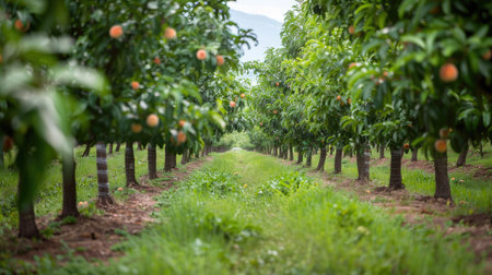 Rows of peach trees in an orchard with ripe fruits ready for harvestの素材