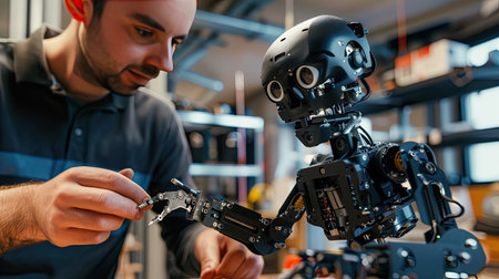 Robotics engineer programming a humanoid robotの素材