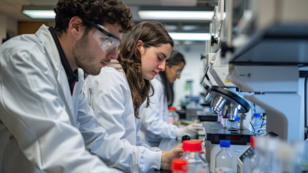 Research team conducting experiments in a high-tech labの素材