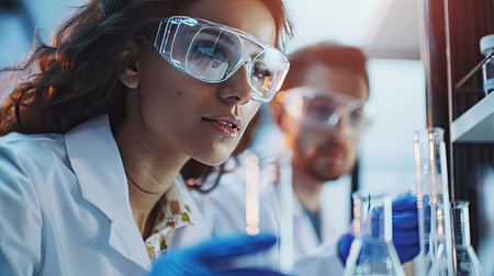 Researchers conducting an experiment with test tubes and beakersの素材