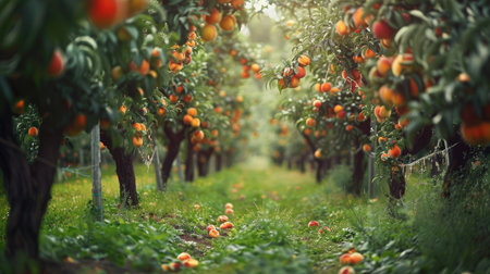 Rows of peach trees in an orchard with ripe fruits ready for harvestの素材