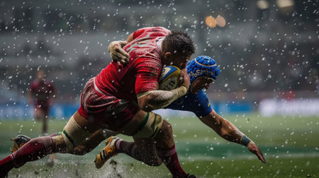 Rugby player making a tackle during a matchの素材