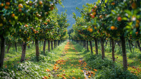 Rows of plum trees in an orchard with ripe fruitsの素材