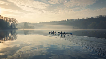 Rowing team synchronizing their strokes on a calm lakeの素材