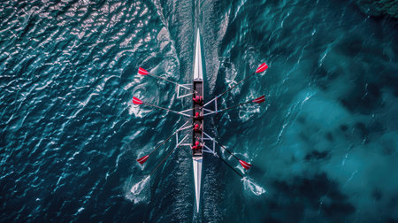 Rowers in a boat rowing in sync during a regattaの素材