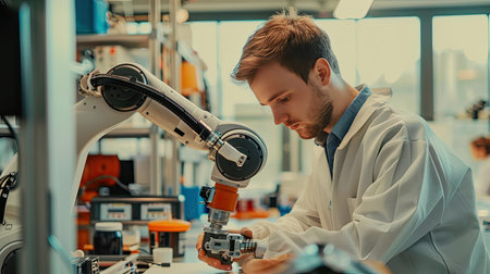 Robotics engineer working on a robot arm prototype in a labの素材