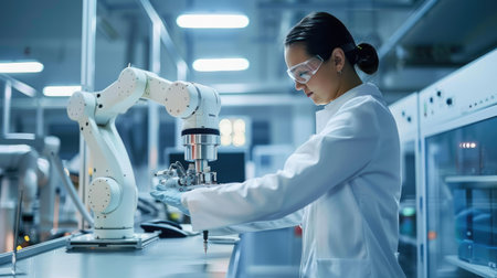 Robotics engineer working on a robot arm prototype in a labの素材